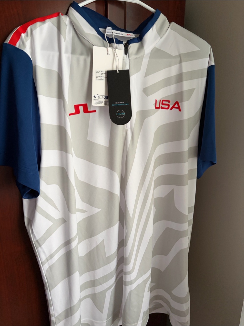 J.Lindeberg USA Short Sleeve Polo — White, Navy & Red Trim